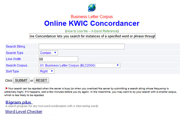 Online BLCKWIC Concordancer(雙語，英語、日語)
